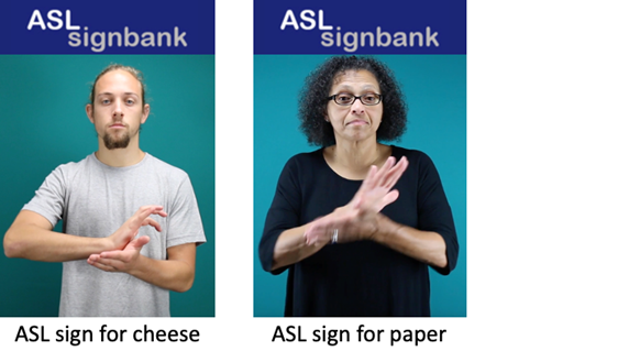Letreros ASL para queso y papel. Queso = mano izquierda doblada codo y palma hacia arriba con el talón derecho acurrucado con los dedos hacia arriba. Papel= izquierda y escribir las manos abiertas y sanar de ambas manos girando.