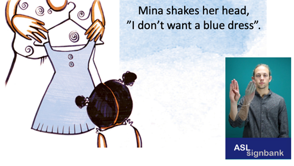 Page from a multilingual book in English and American Sign Language. Page contains girl looking at dress with caption: Mina shakes her head "I don't want a blue dress". Picture of sign accompanying image.  