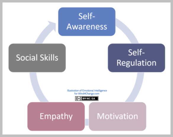 Emotional Intelligence, as described by Daniel Goleman, structures over 5 competencies: Self-awareness, self-regulation, motivation, empathy, and social skills, aka adeptness in relationships.