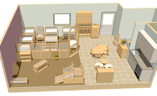 infant environment with cribs along one corner, play area containing small climbing structure next to it and eating and kitchen area on the opposite side of the room. 