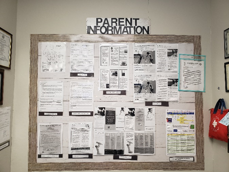 A parent information board with many pieces of information visible.