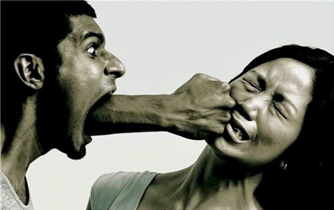 Man with a fist coming out of his mouth to hit a women, indicating the impact of verbal abuse