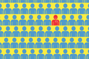 Imagen de dibujos animados de hombre rojo entre multitud de hombres azules