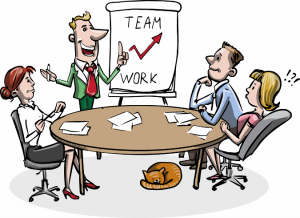 Caricatura de gente alrededor de la mesa con palabras 'trabajo en equipo' a bordo