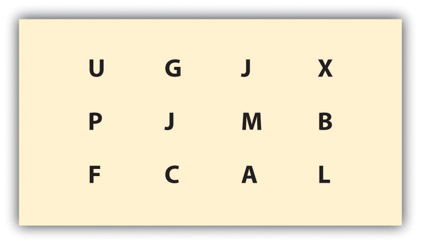Tres filas de cuatro letras aleatorias cada una.
