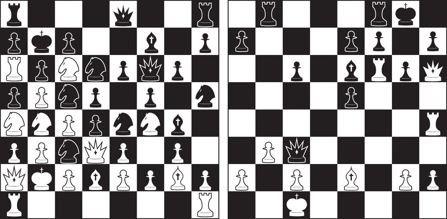 Diagram of two chess boards and pieces placed on them in two different arrangements.  See text.