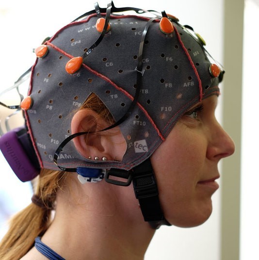 A woman wearing an EEG cap.